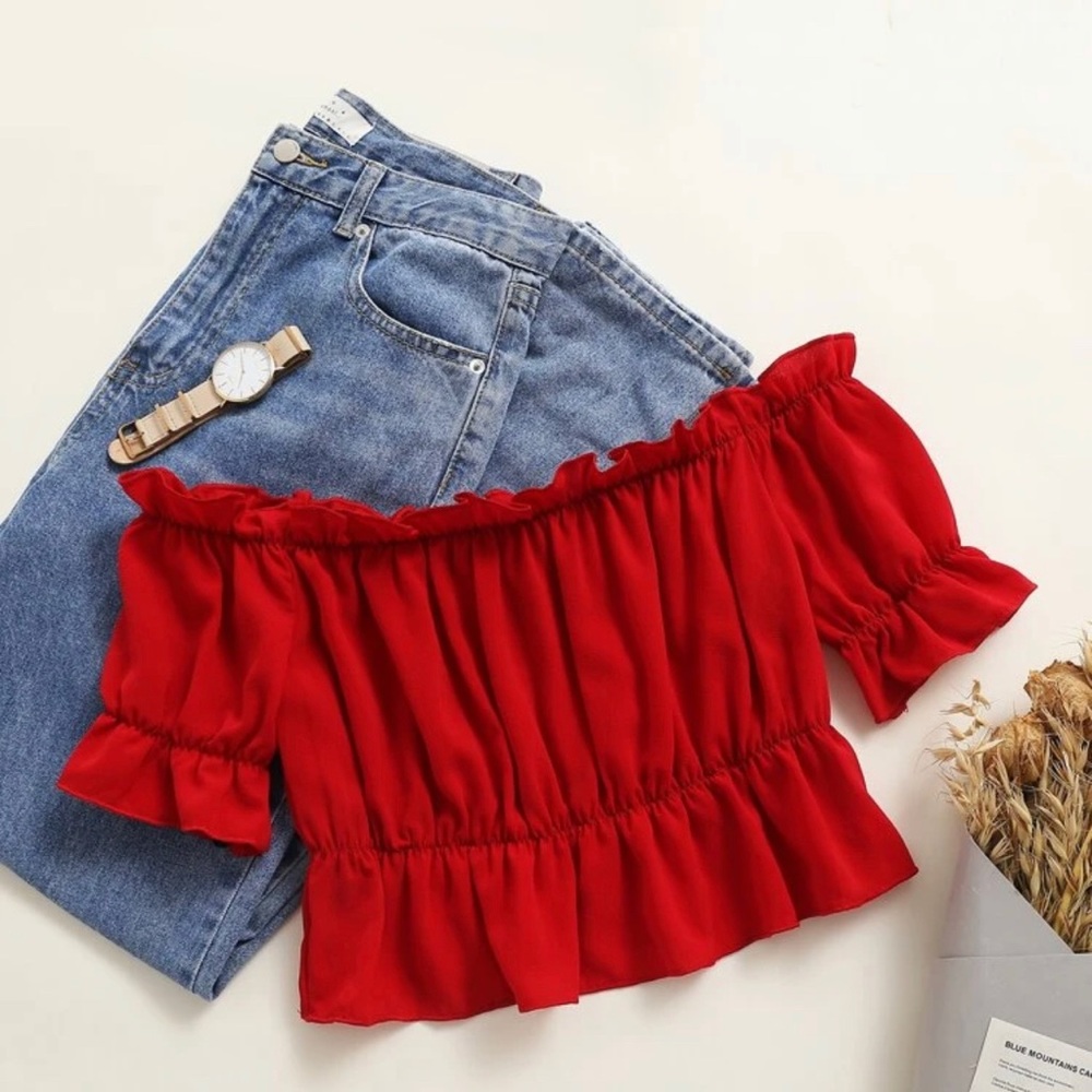 Flounce Sleeve Frill Trim Bardot Peplum Blouse